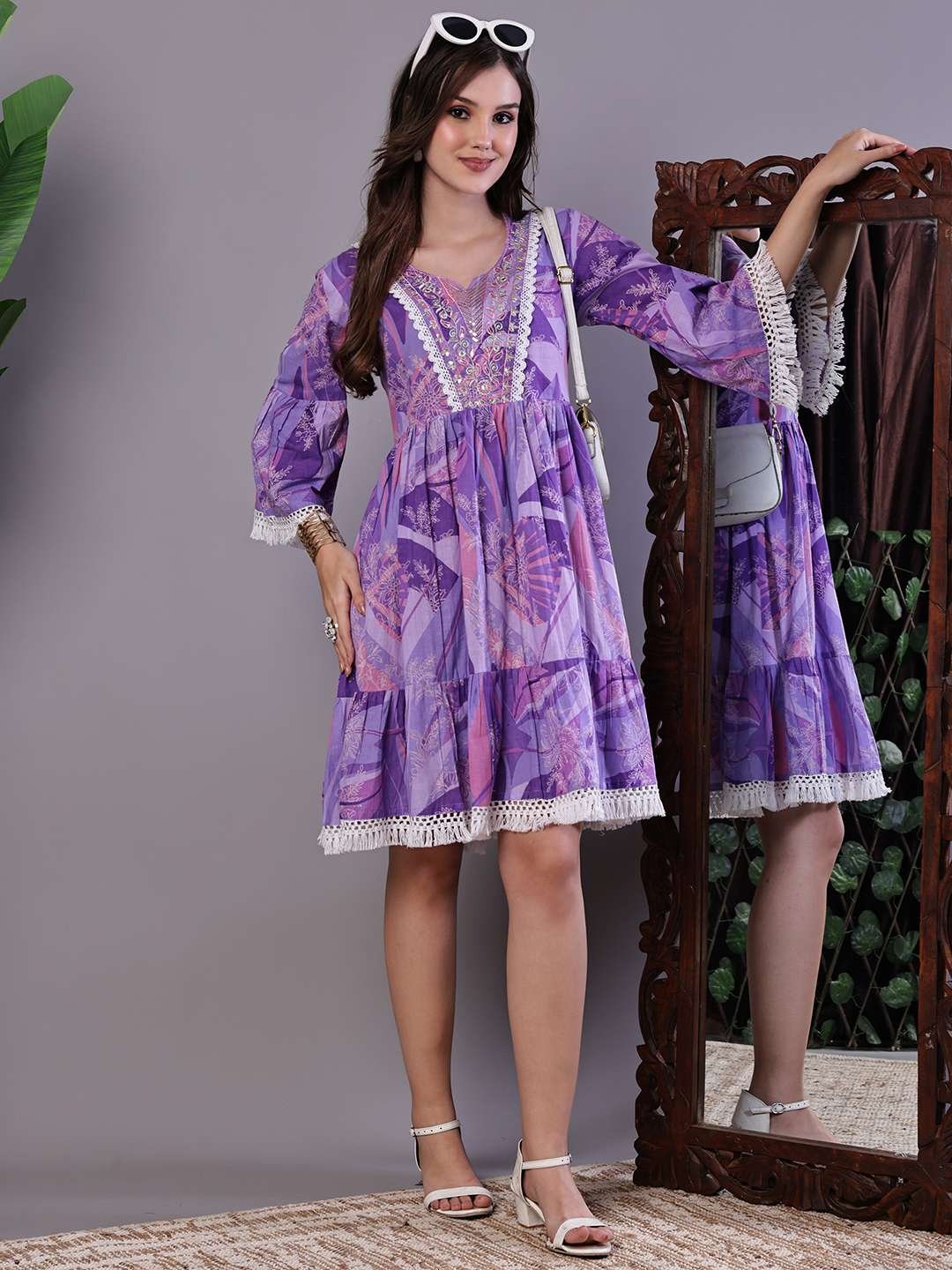 Wome's Purple Floral Cotton A-Line Dress with Lace Detailing Midi Dresses
